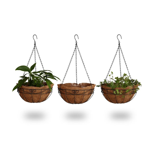 Blumenampel 3 Körbe, Kokos, 33 Liter Volumen, mit Kette, 35 cm Durchmesser als Hängeampel, braun - Relaxdays