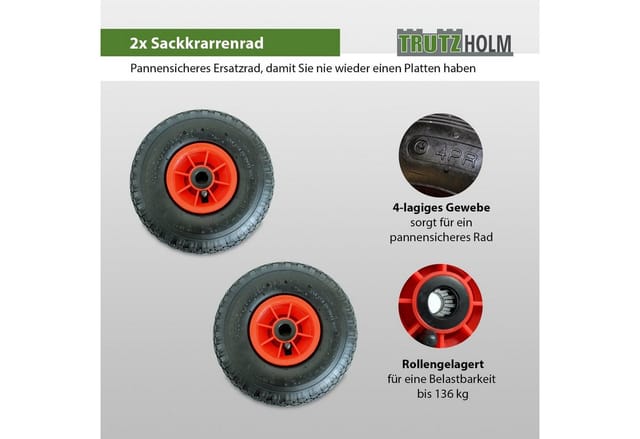Baumarktplus - 2x Sackkarrenrad Luftrad 260x85 3.00-4 Achlänge 75 mm 4PR Lagen mit Nadellager rot