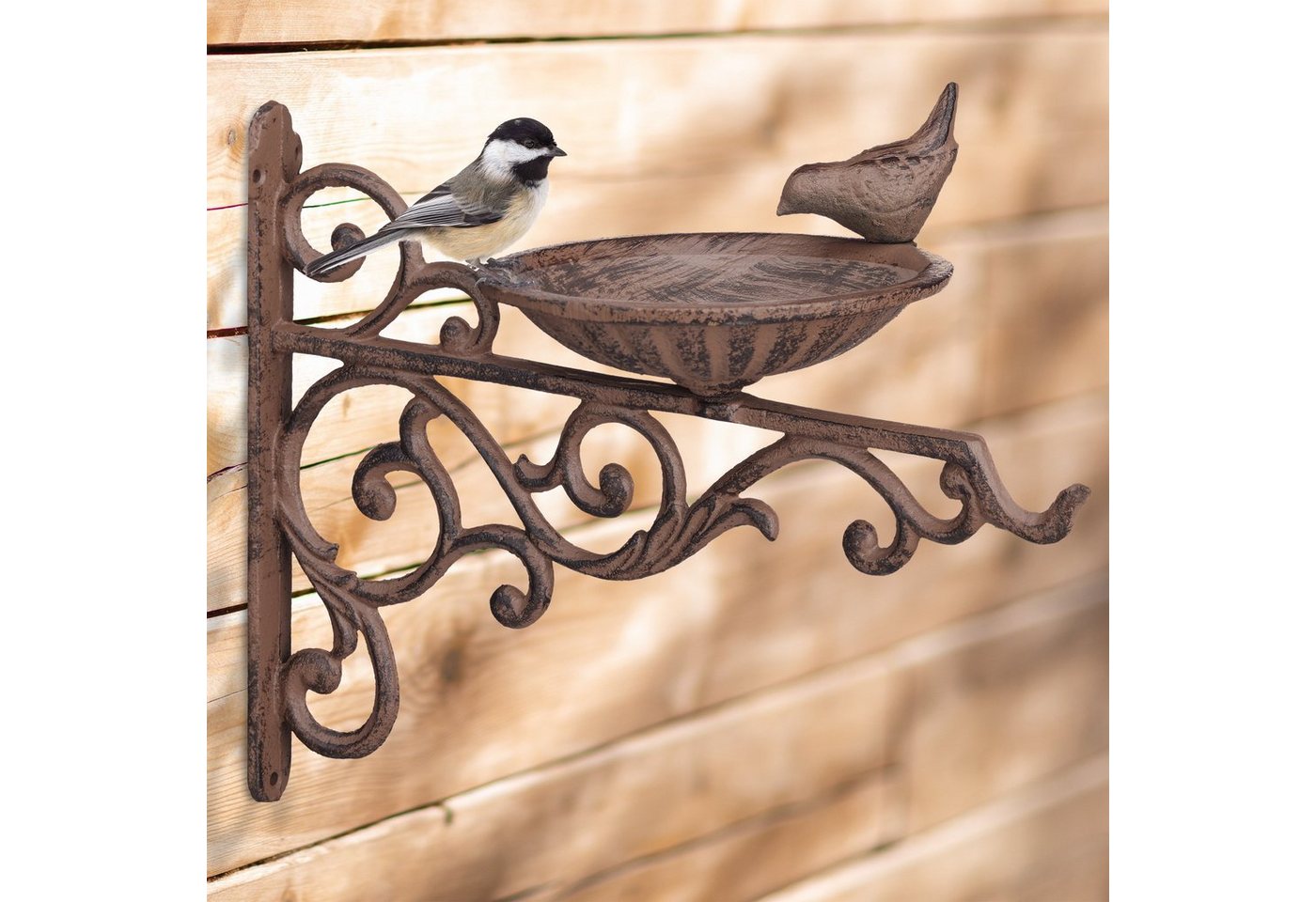 Vogeltränke, Gusseisen, Wandmontage, Wetterfest, Rostfrei, Wildvögel, Gartendeko, HxBxT 24 x 28 x 14 cm, braun - Relaxdays Bild 4