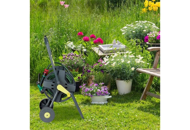 Relaxdays - Schlauchwagen 45m, fahrbare Schlauchtrommel für Garten & Balkon, mit Schlauchführung, 76,5x44x41 cm, grau-gelb