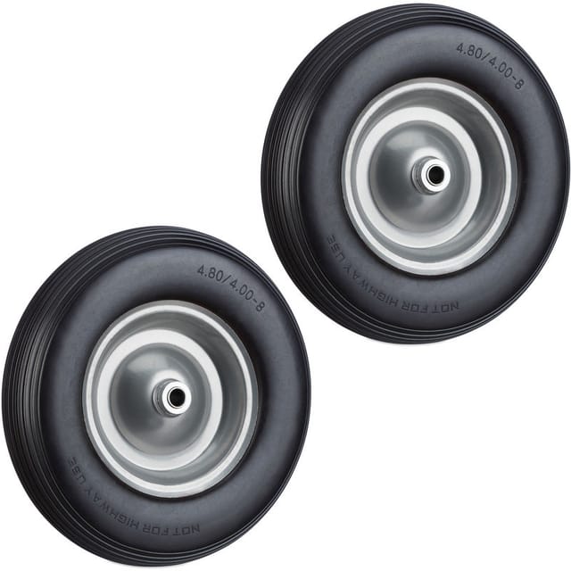 2 x Schubkarrenrad Vollgummi mit Achse, 4.80 4.00-8 Gummirad im Set, pannensicher, Ersatzrad bis 100kg, schwarz-grau