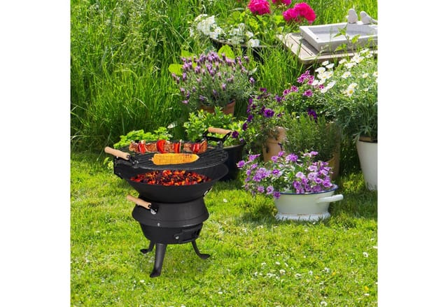 Grillfass Gusseisen, höhenverstellbarer Grillrost, Belüftung, Fassgrill für Holzkohle, hbt 40x45x36cm, schwarz - Relaxdays