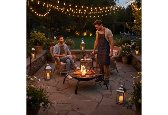 Xl Feuerschale, mit Tasche, Grill Rost, Schürhaken, Funkenschutz Deckel, Garten, Terrasse, d 56,5 cm, schwarz - Relaxdays