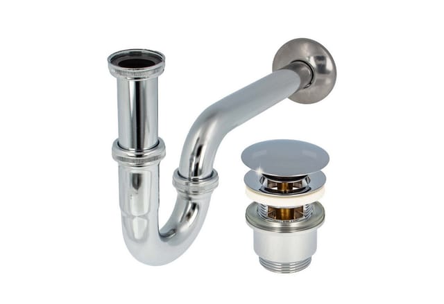 tecuro Siphon extra lang mit Pop Up Ablaufventil verchromt - Universal Set für Waschtisch / Waschbecken