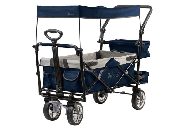 Bollerwagen faltbar mit Dach, Blau / Grau, Transportwagen mit Gurtsystem, Klappbollerwagen - Zelsius