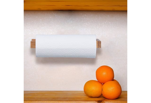 Küchenrollenhalter Wand, Bambus Rollenhalter für Küche, Küchenpapierhalter, ohne Bohren, hbt: 3x31x9 cm, natur - Relaxdays