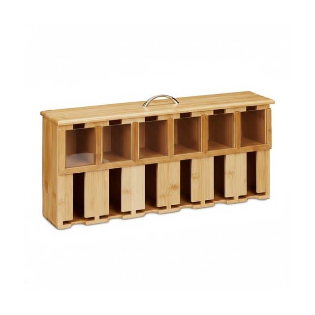 Relaxdays Teebeutelspender, 6 Fächer, Teebeutel Aufbewahrung, Bambus, Teebox, HxBxT: 22 x 46,5 x 10,5 cm, natur/silber