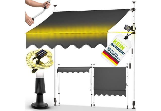 Klemmmarkise 150 cm Grau mit led mit Handkurbel Balkon Balkonmarkise ohne Bohren Markise UV-beständig & höhenverstellbar Sonnenschutz wasserdicht