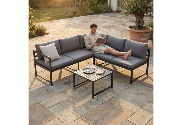 Mucola - Sitzgruppe Aluminium Lounge Ecksofa mit Liegefunktion wetterfest Grau Tisch Balkonmöbel Outdoor