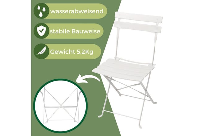 Bistroset 3-teilig Weiß – Bistrotisch mit 2 Stühlen – klappbare Stühle und Tisch aus robustem Metall – optimal als Balkonmöbel Set oder Gartenmöbel