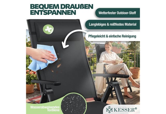 Gartenstuhl Hochlehner Mit Armlehnen Aluminium Klappstuhl Inkl. Kopfkissen Campingstuhl 7-fach Verstellbar Rückenlehne Atmungsaktiv Schwarz / 4 Stück - Kesser
