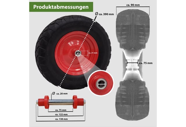 Baumarktplus - Schubkarrenrad pannensicher Vollgummi 4.80/4.00-8 rot/schwarz + Achse Ersatzrad Reifen pu
