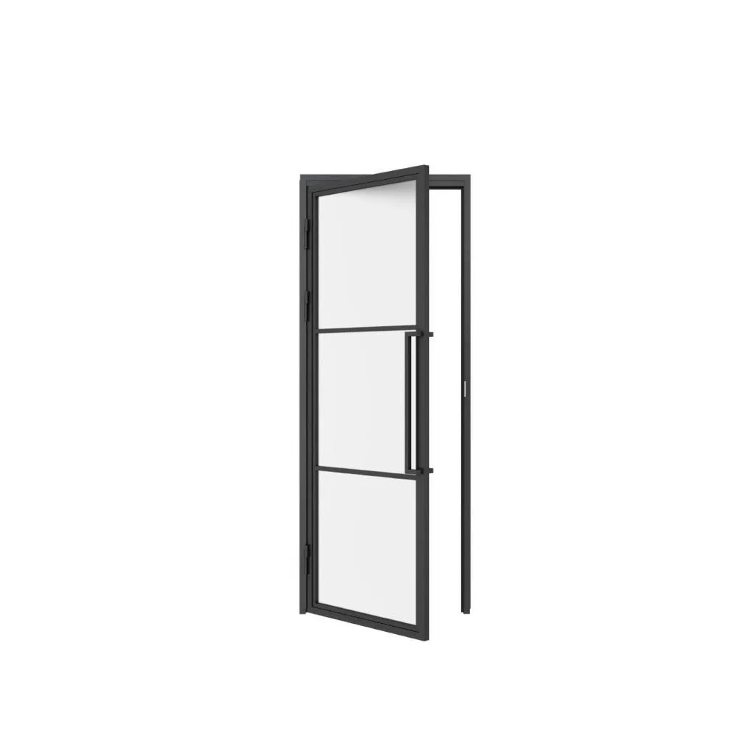 inova Loft Glastür 709 x 1972 mm Satiniert 3 Felder DIN Links Komplettset Beschlag in Schwarz mit Griffstange und Zarge