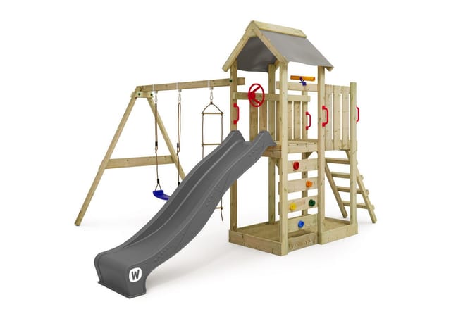 Spielturm Klettergerüst MultiFlyer mit Schaukel & Rutsche, Kletterturm mit Sandkasten, Leiter & Spiel-Zubehör – Anthrazit - Wickey