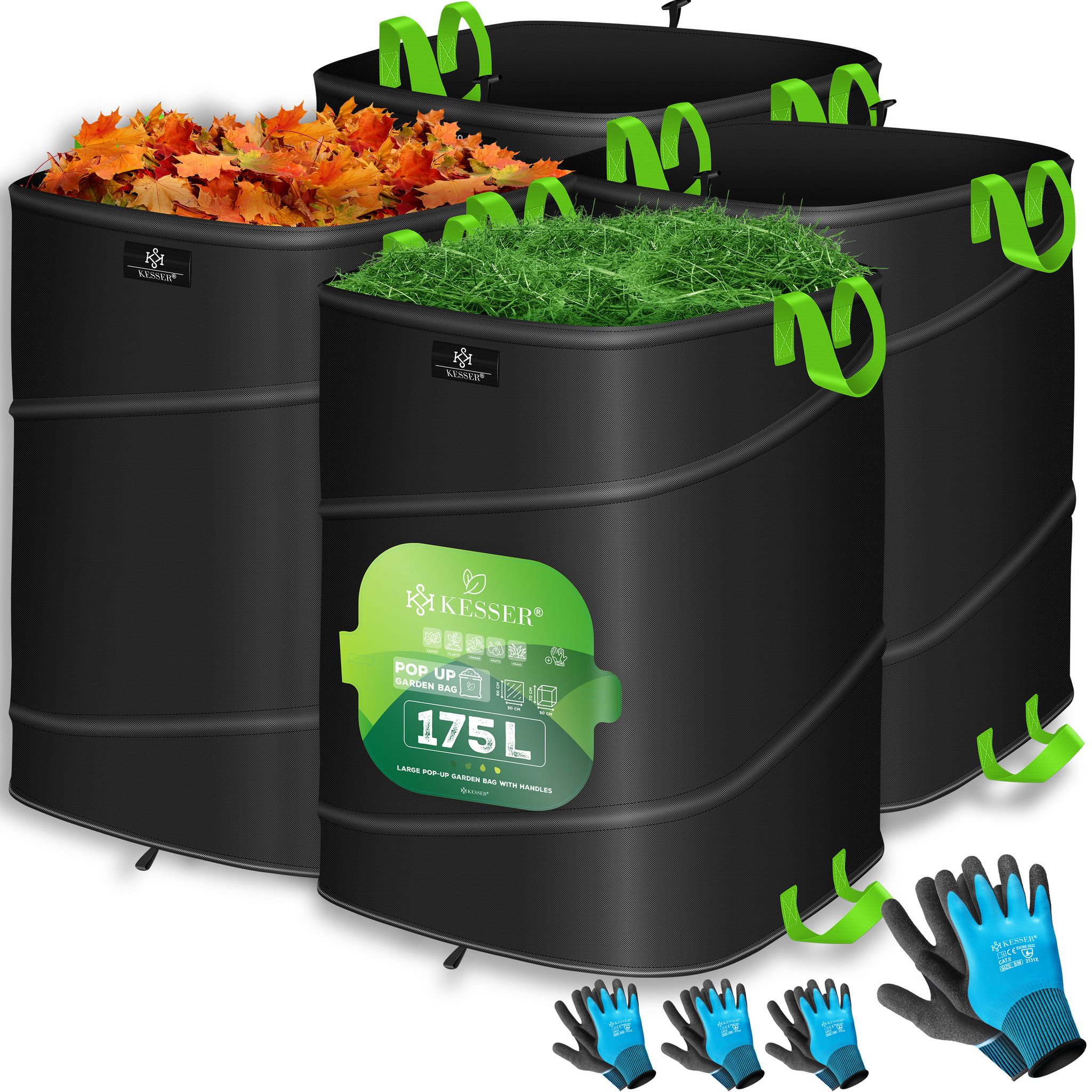 Kesser® Pop-up-gartensack Laubsack Gartenabfallsack Inkl. Handschuhe Selbststehend Mit Griffen Stabil Robust & Faltbar Schwarz / Hellgrün, 4x 175 Liter