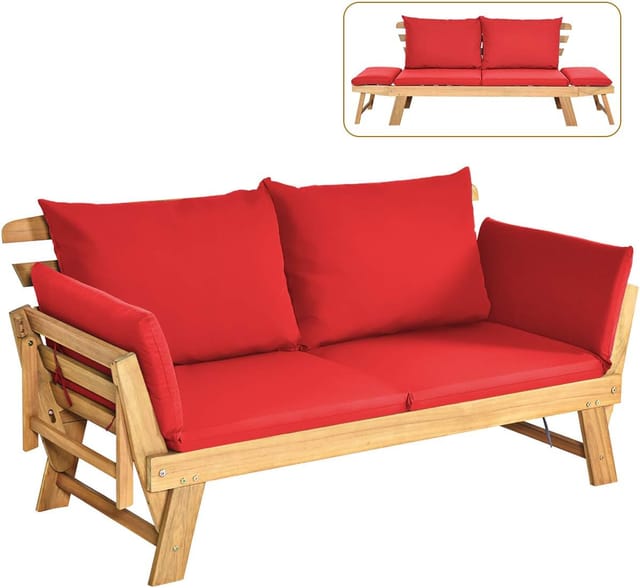 Costway - Gartenbank Mit Liegefunktion, Gartensofa Mit Auflagen Und Klappbaren Armlehne, Balkonbank Aus Holz, Sitzbank Für Garten, Terrasse, Balkon, 198 X 75 X 75 Cm, Rot