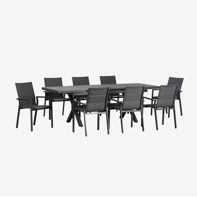 Karena rechteckiges ausziehbares Tischset 180-240x90 cm und 8 stapelbare Gartenstühle mit Aluminiumarmlehnen Grau Graphit - Sklum