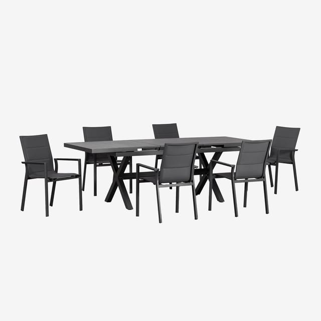 Set aus ausziehbarem rechteckigem Gartentisch 180-240x90 cm und 6 stapelbaren Gartenstühlen mit Aluminiumarmlehnen Karena Grau Graphit - Sklum