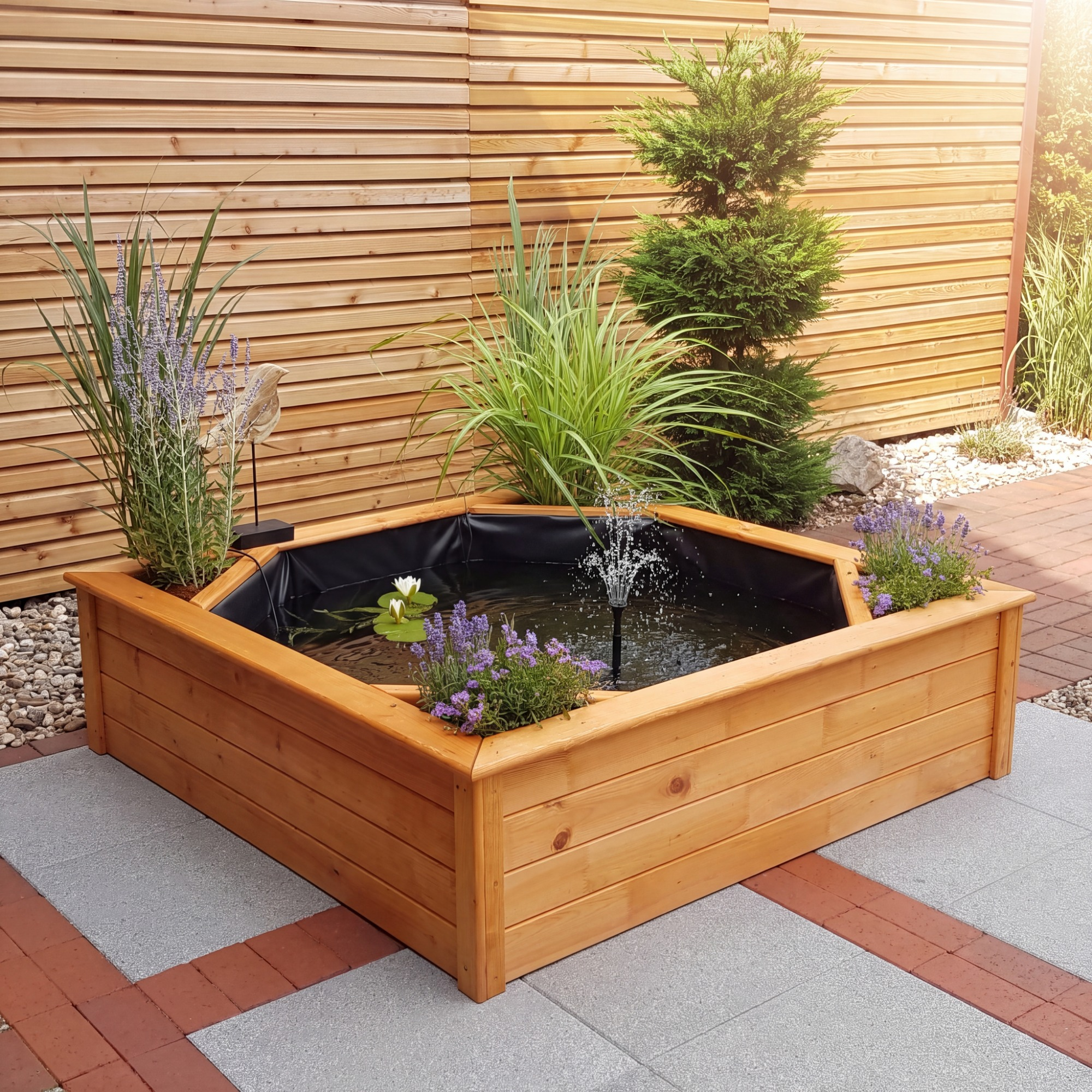 Kiehn-Holz Hochteich mit 4 seitlichen Pflanzzonen Solar honigbraun 144 x 40 x 144 cm