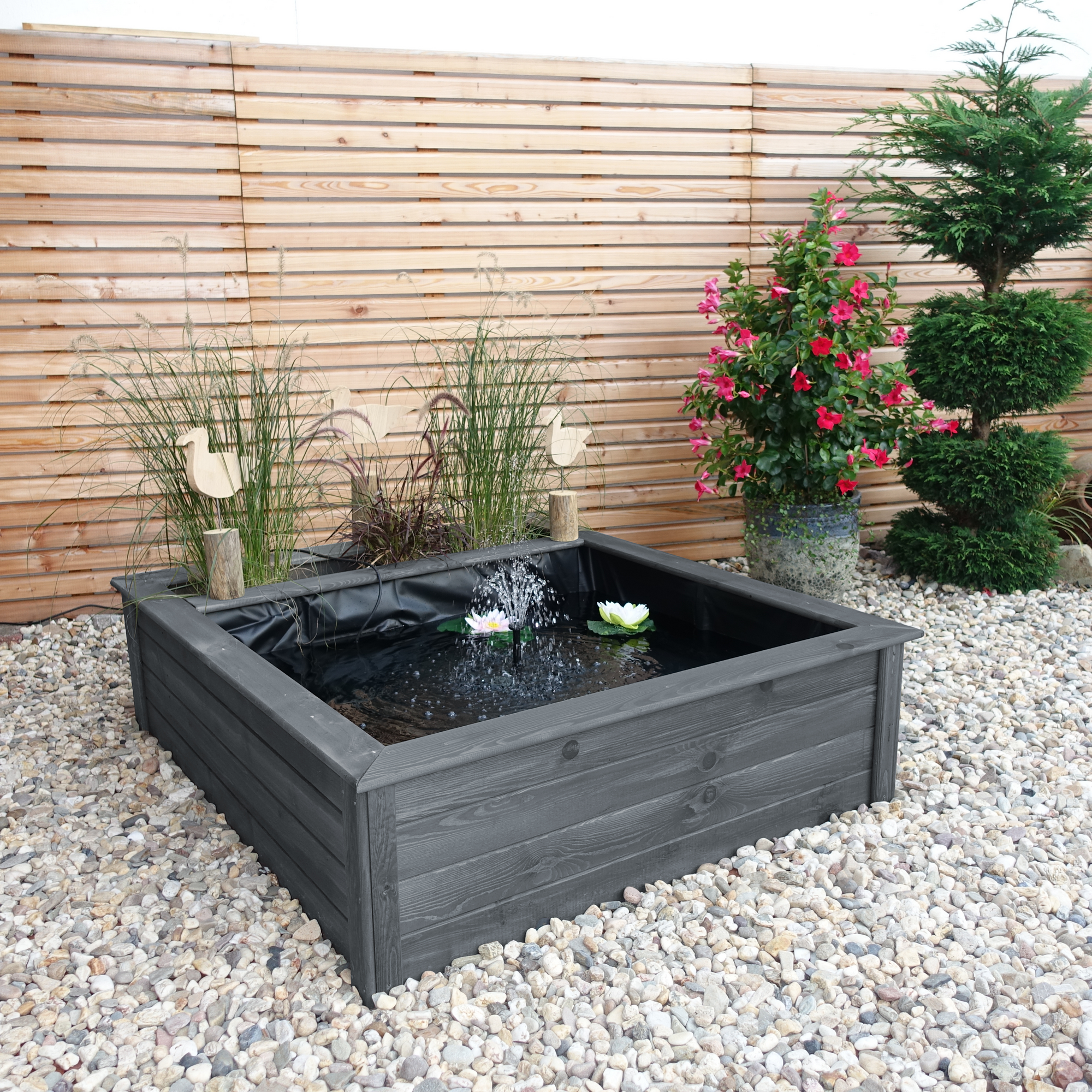 Kiehn-Holz Hochteich mit seitlicher Pflanzzone Solar grau 146 x 40 x 127 cm