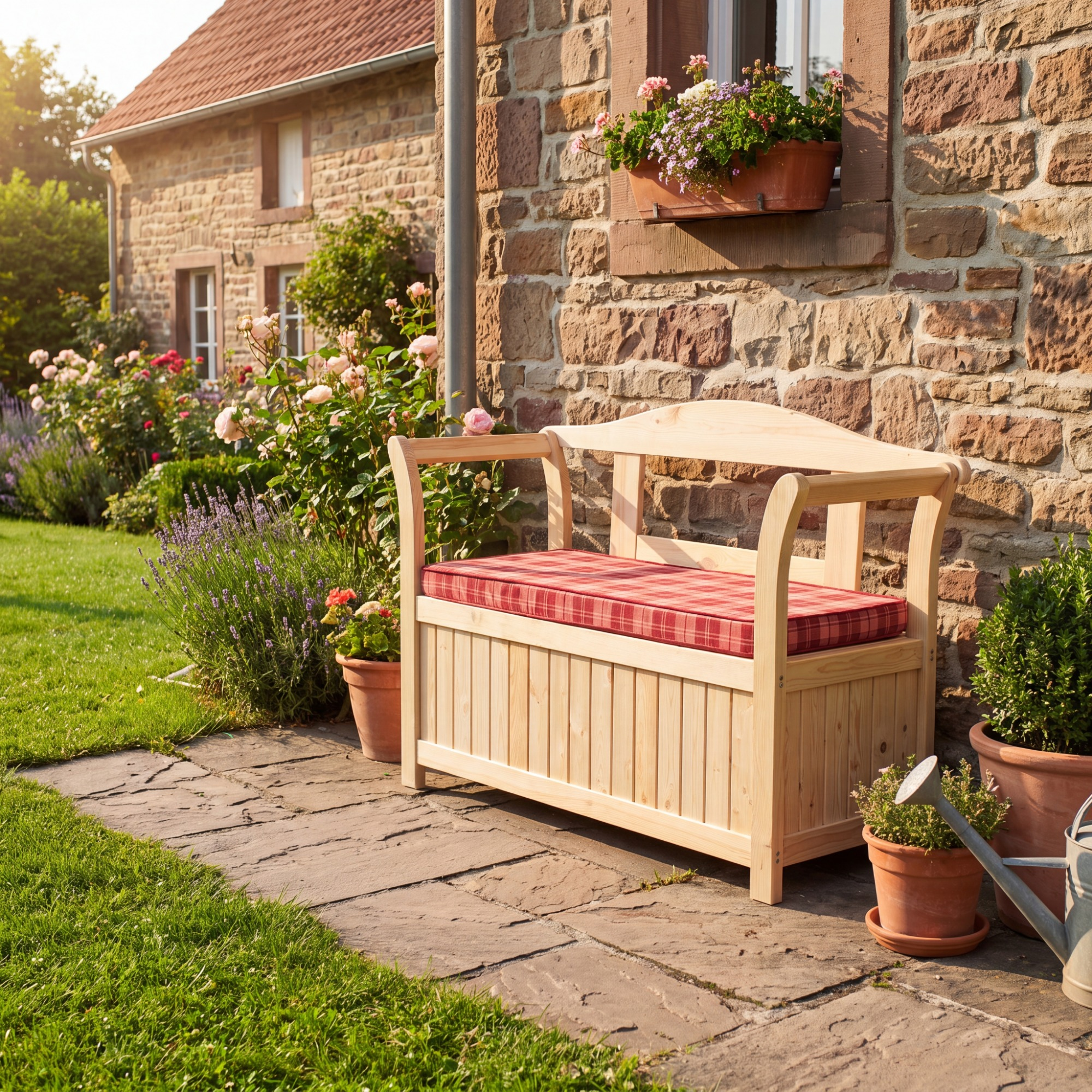 Kiehn-Holz Gartenbank mit Kissenbox Kiefernholz natur 130 x 50 x 93 cm inkl. Sitzauflage Bild 3