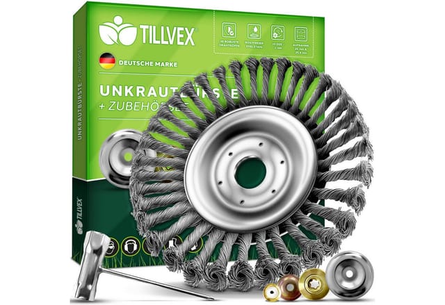 tillvex® Profi Unkrautbürste für Freischneider & Motorsense Wildkrautbürste 25,4 & 20mm Bohrung Drahtbürste zur effektiven Unkrautentfernung Bürste