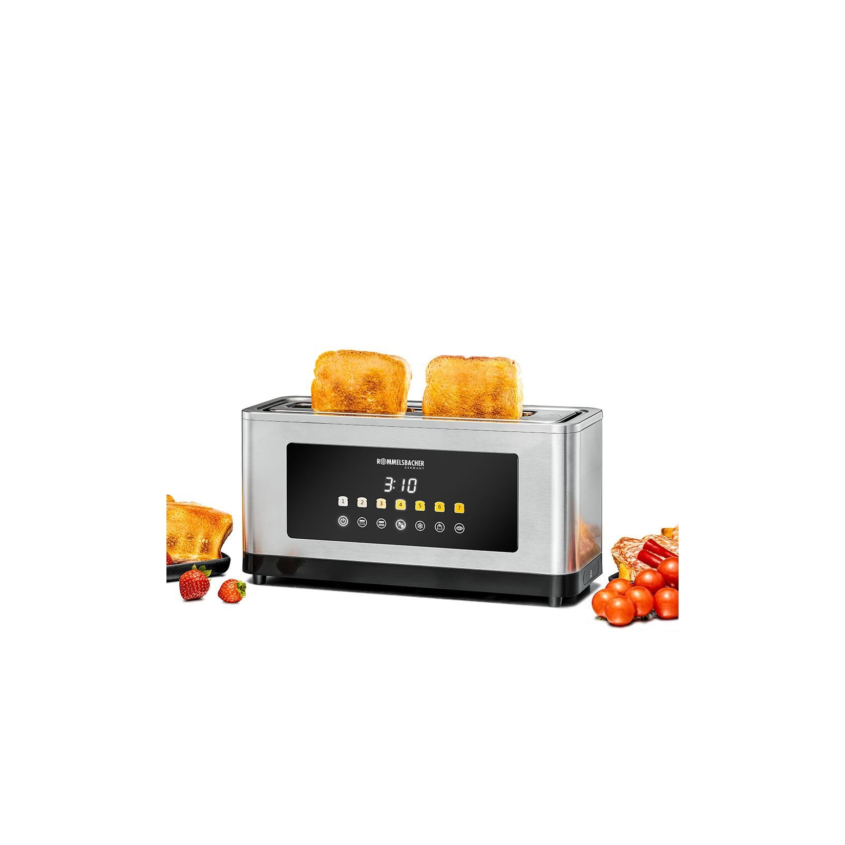 ROMMELSBACHER TOL 1000 automatik Langschlitz-Toaster (Langschlitztoaster, 4 Scheiben, Edelstahl/Kunststoff, schwarz/silber, Brötchenaufsatz, Auftaufunktion, Aufwärmfunktion)