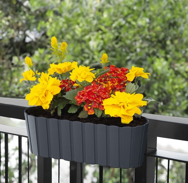 Balkon Blumenkasten mit Halterung 39 x 13 cm - 6er Set - Kunststoff Geländer Pflanztopf in anthrazit - Garten Blumentopf Pflanzkasten zum Einhängen