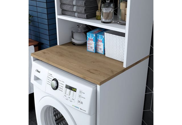 Platzsparendes Waschmaschinenabdeck-Regal mit Hängeschrank und Ablagen KD101 - Weiß