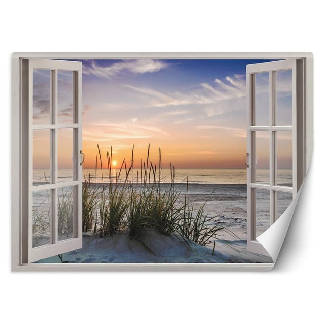 Fototapete, Fenster mit der untergehenden Sonne am Strand – 140x100
