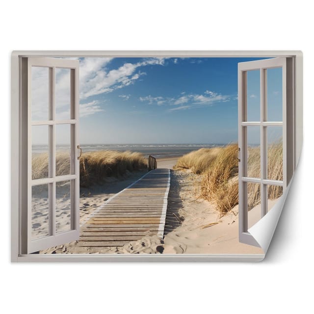 Fototapete, Blick aus dem Fenster, Strand, Dünen, Pier - 210x150