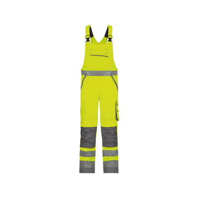 Malmedy Warnschutz Latzhose mit Kniepolstertaschen, neongelb/zementgrau, Schrittlänge Standard, Größe 48
