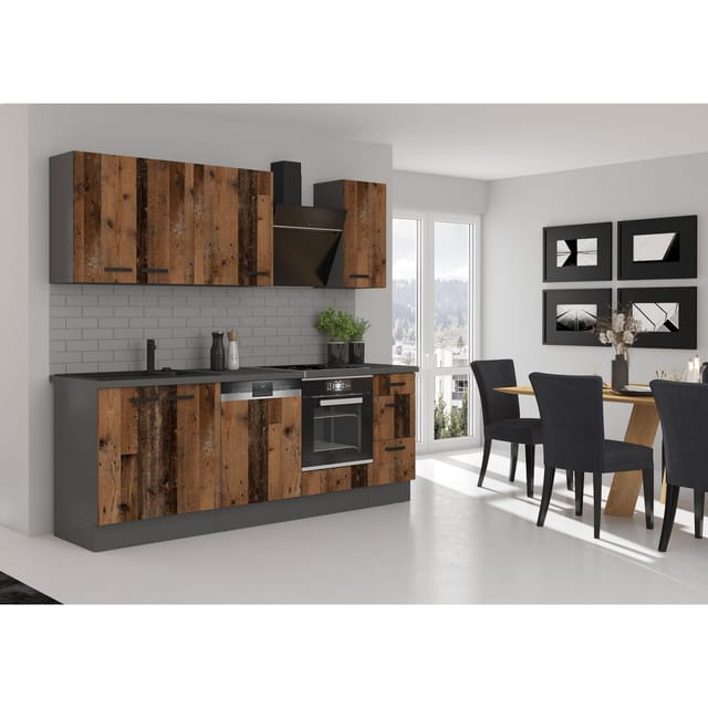 Küchen Preisbombe - Küche old style Basic 240 cm Old Wood Optik Küchenzeile Küchenblock Einbauküche