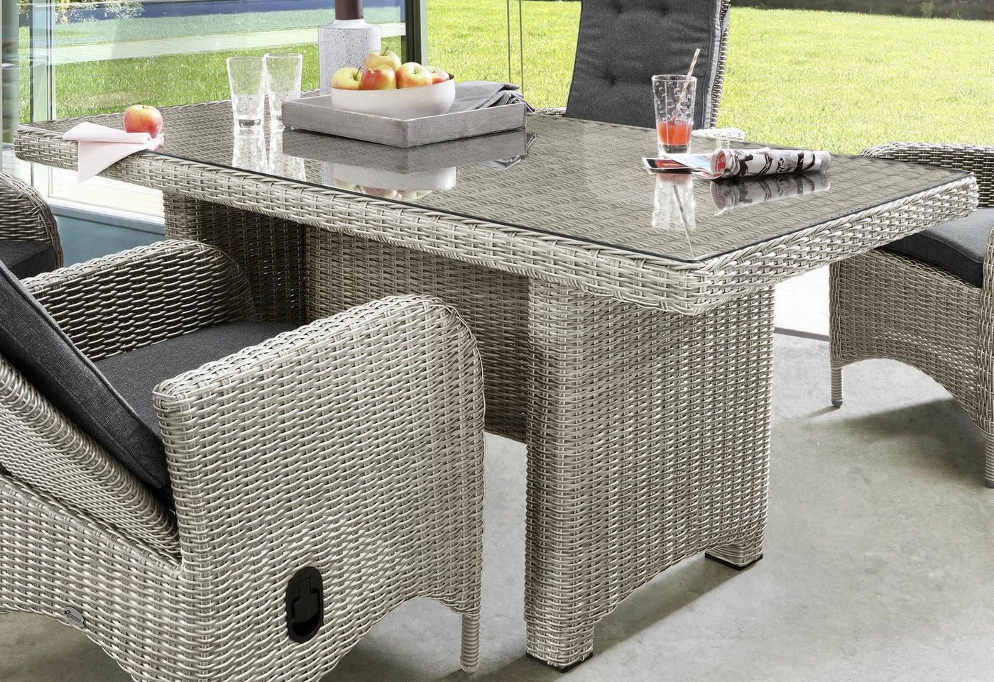 Destiny Garten-Essgruppe PALMA LUNA 4 HL + Tisch 165x90cm, vintage weiß, (Set, 4 Hochlehner verstellbar inkl. Polster, 1 Tisch m. aufgel. Glasplatte), Aluminium, Polyrattan Bild 3