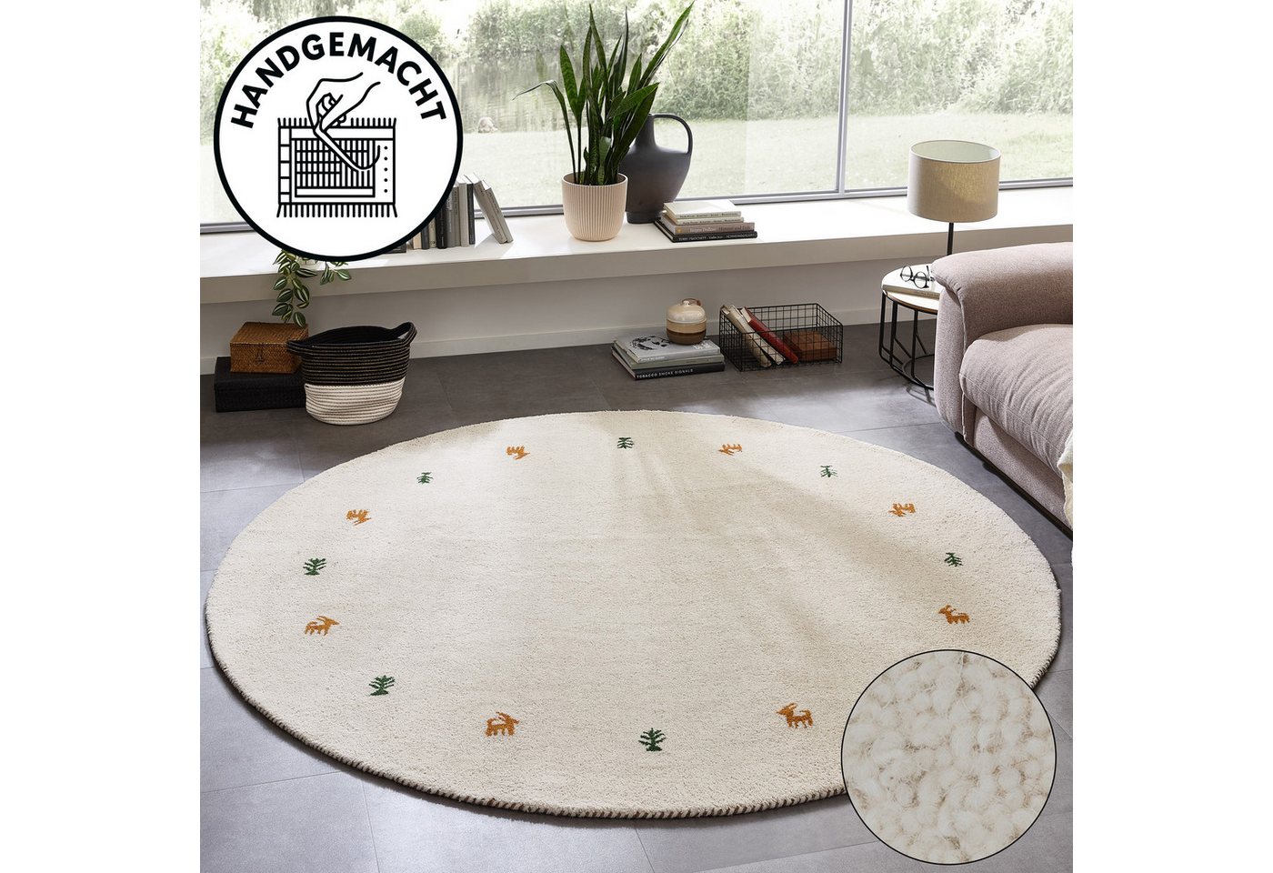 THEKO Wollteppich Gabbeh Motiv, Handgefertigt, Teppich, Tiermotiv, reine Wolle, rund, Höhe: 14 mm, reine Wolle, Wohnzimmer, Schlafzimmer, Esszimmer