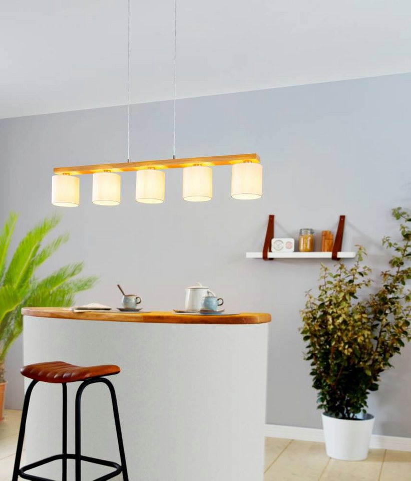 EGLO Hängeleuchte CASTRALVO Pendellampe, Stahl, Holz und Textil, Esszimmerlampe, Lampe, ohne Leuchtmittel, Pendelleuchte, L121 x B15 x H110 cm, nickel-matt, braun, weiß, 5X28W Bild 4