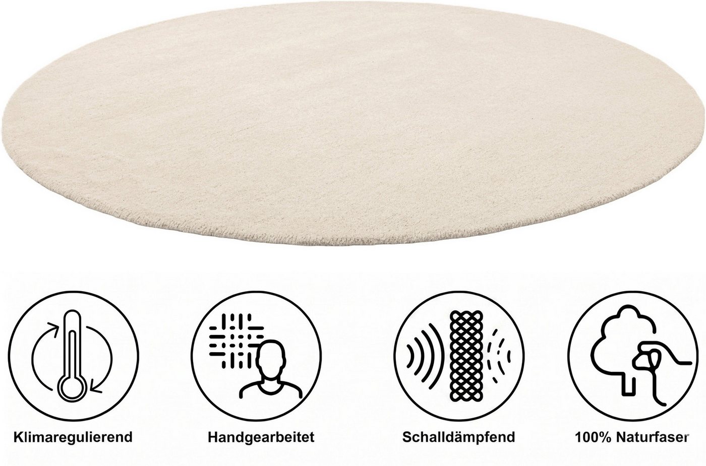 OTTO home Wollteppich Gabbo Natur, Handgefertigt, Teppich, reine Wolle, meliert, rund, Höhe: 14 mm, besonders weich und dicht