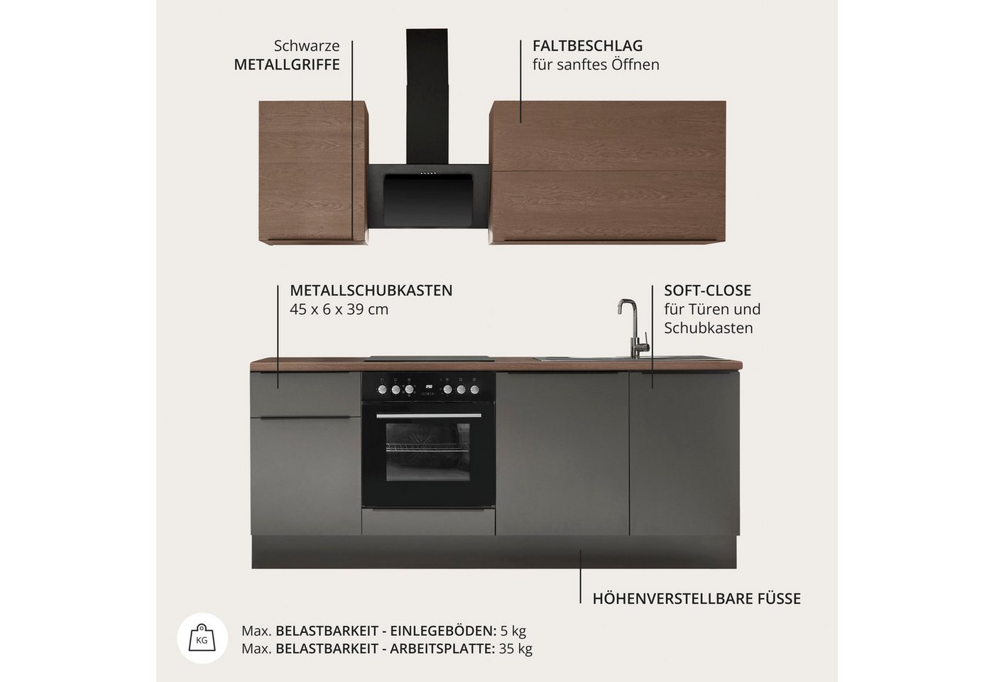 KOCHSTATION Küchenzeile Cocco, Breite 220 cm, wahlweise mit E-Geräten und Induktion Bild 3