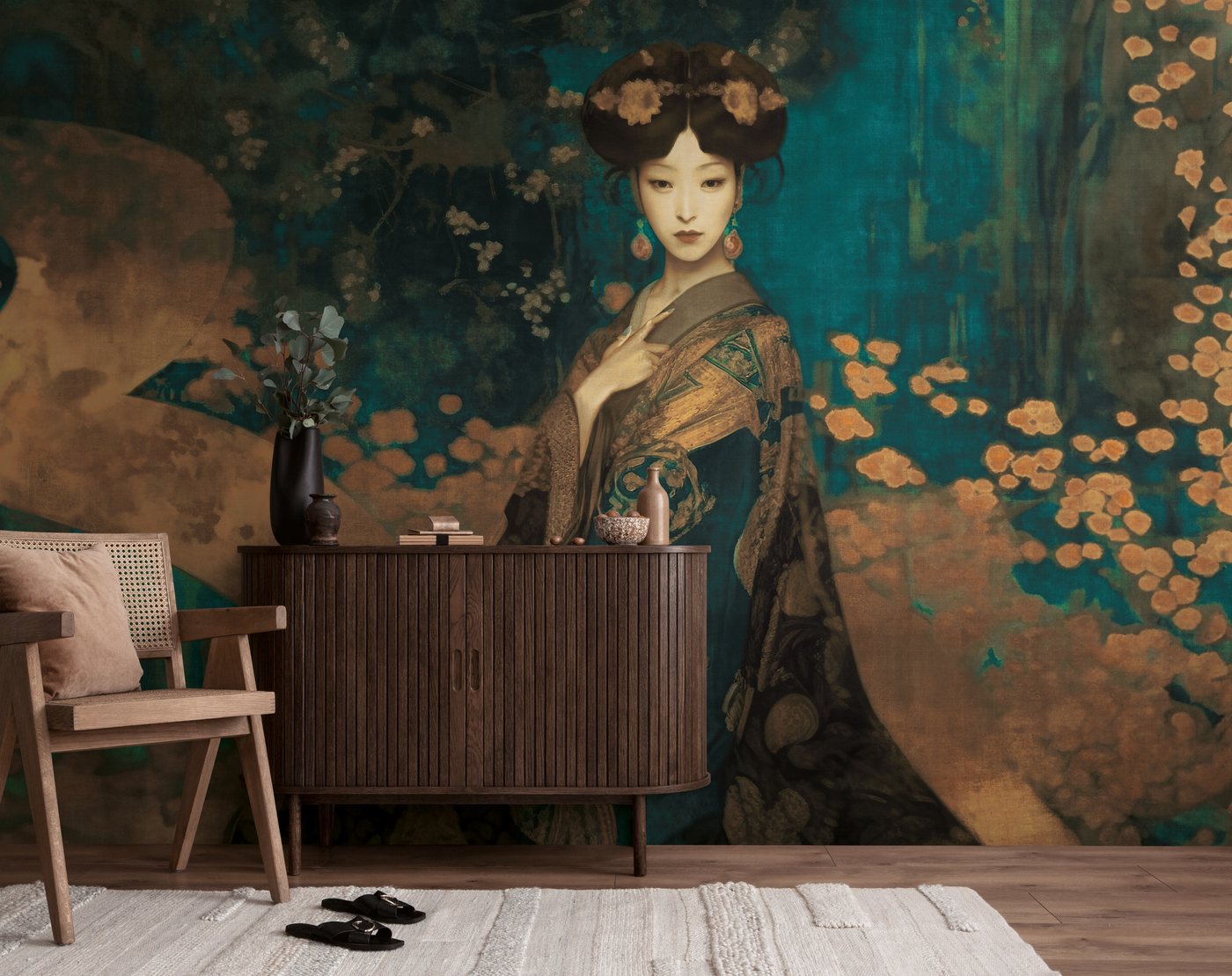 living walls Fototapete The Wall 4 Eyecatcher – Asiatisches Frauenporträt Vlies-Fototapete, leicht strukturiert, floral, matt, botanisch, (1 St), Asiatisches Frauenporträt mit ausdrucksstarker Wirkung Bild 4