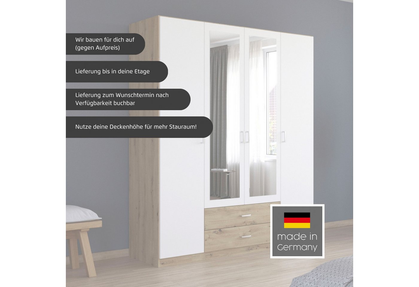 rauch Drehtürenschrank Kleiderschrank Garderobe GAMMA Breite 136 cm (in 3 Ausstattungen BASIC/CLASSIC/PREMIUM (inkl. SOFT-CLOSE-Funktion) mit Schubladen, verschiedene Griff-Varianten TOPSELLER MADE IN GERMANY Bild 3