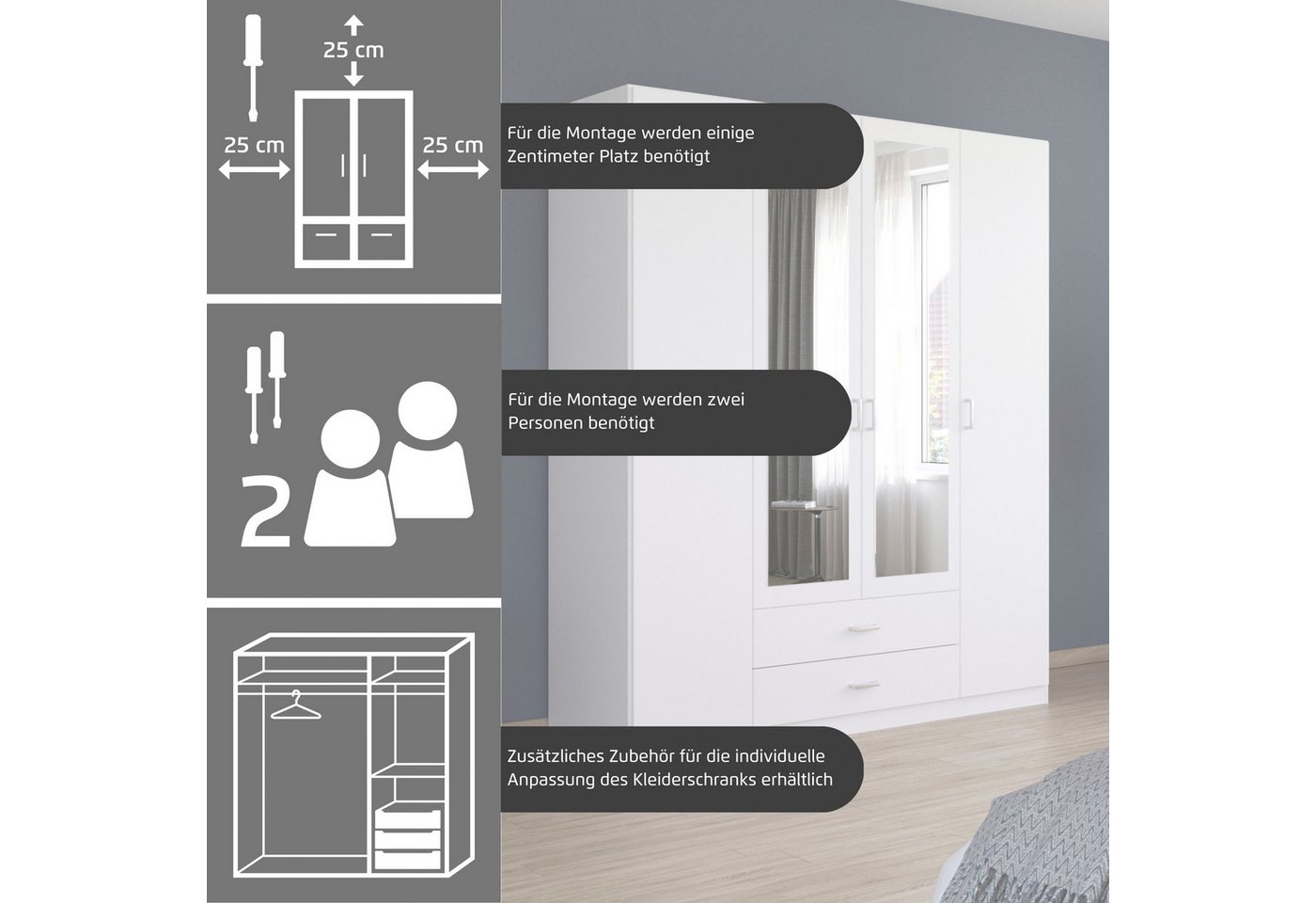 rauch Drehtürenschrank Kleiderschrank Garderobe GAMMA Breiten 226 cm (in 3 Ausstattungen BASIC/CLASSIC/PREMIUM (inkl. SOFT-CLOSE-Funktion) mit Schubladen, verschiedene Griff-Varianten TOPSELLER MADE IN GERMANY