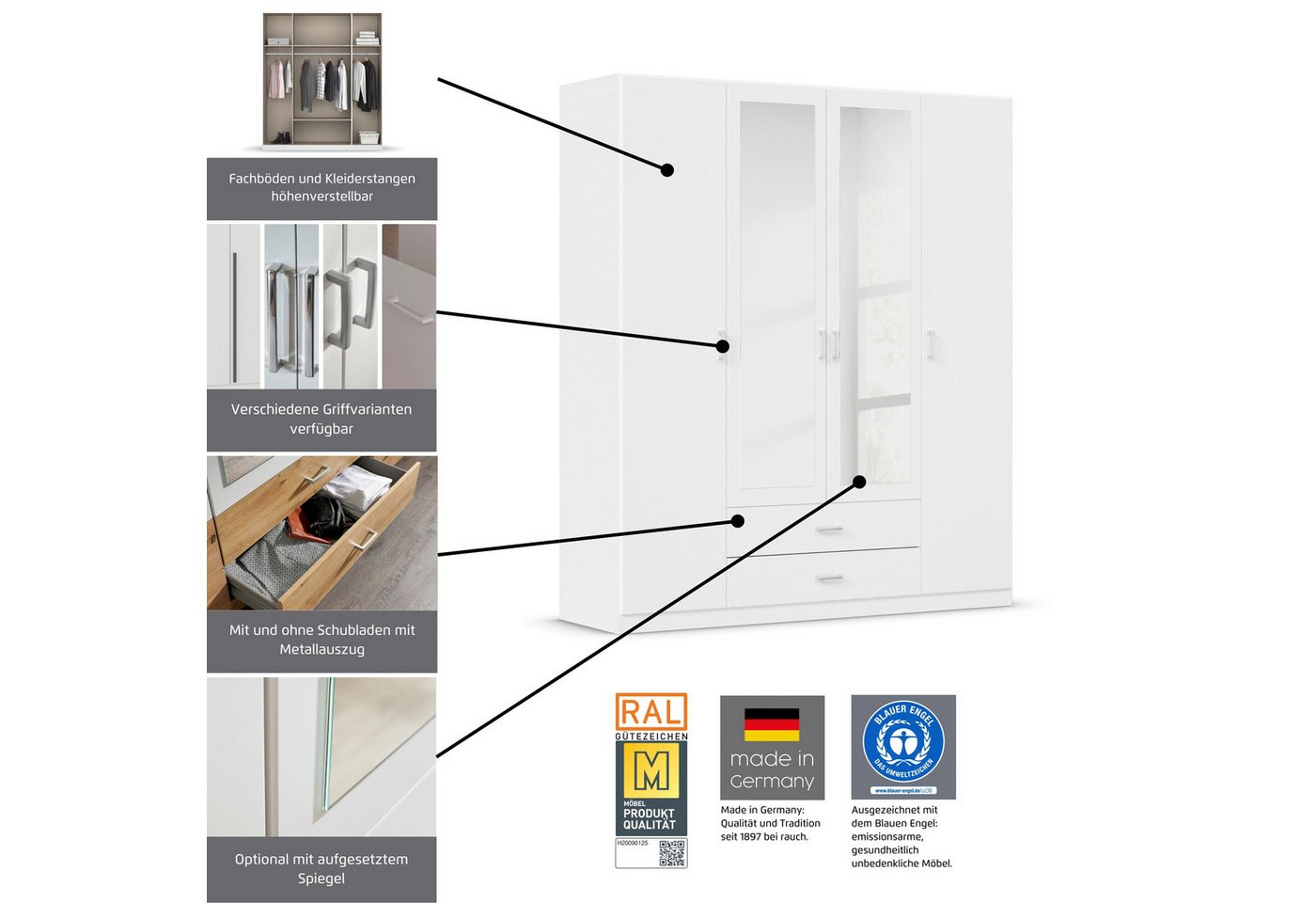 rauch Drehtürenschrank Kleiderschrank Garderobe GAMMA Breiten 271 cm (in 3 Ausstattungen BASIC/CLASSIC/PREMIUM (inkl. SOFT-CLOSE-Funktion) mit Schubladen, verschiedene Griff-Varianten TOPSELLER MADE IN GERMANY Bild 5