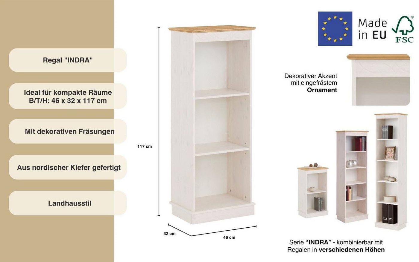 OTTO home Bücherregal Indra, Standregal, Regal, aus Massivholz, aus massiver Kiefer, in verscheidenen Höhen, mit FSC® Bild 5