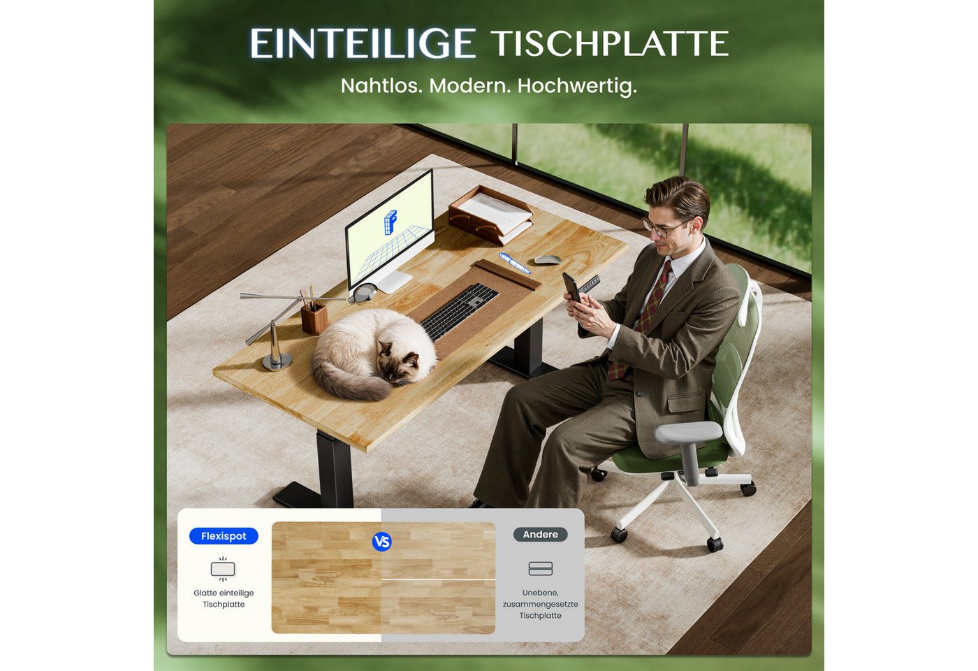 FLEXISPOT Tischplatte Premium-Series DIY Tischplatte, MDF/Rubberwood/Eiche (Aus türkischer Weißeiche, massivem Kautschukholz, Finger-Joint-Verleimung), MIT 27mm einteilige Tischplatte, Made in EU Bild 5