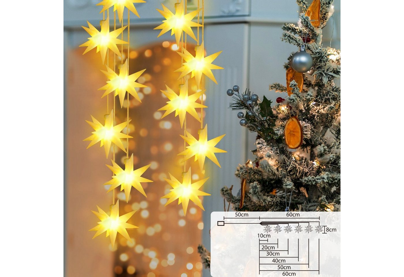 Salcar LED-Lichterkette 3D LED Weihnachtsstern Beleuchtet LED Explodierende Sterne 3er/6er, 3D Leuchtstern Weihnachten Fenster Outdoor Weihnachtsdeko Warmweiß Bild 3