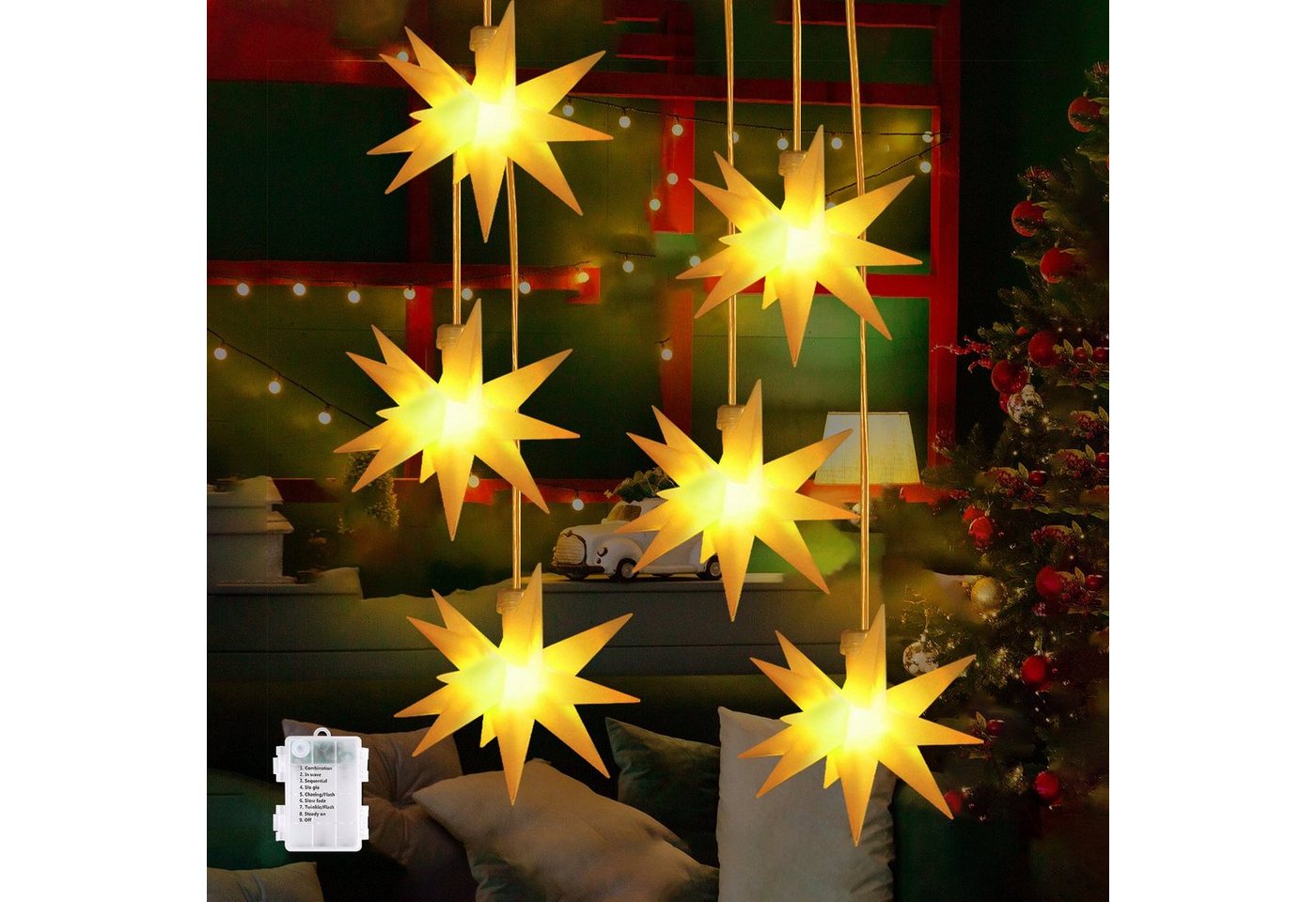 Salcar LED-Lichterkette 3D LED Weihnachtsstern Beleuchtet LED Explodierende Sterne 3er/6er, 3D Leuchtstern Weihnachten Fenster Outdoor Weihnachtsdeko Warmweiß Bild 4
