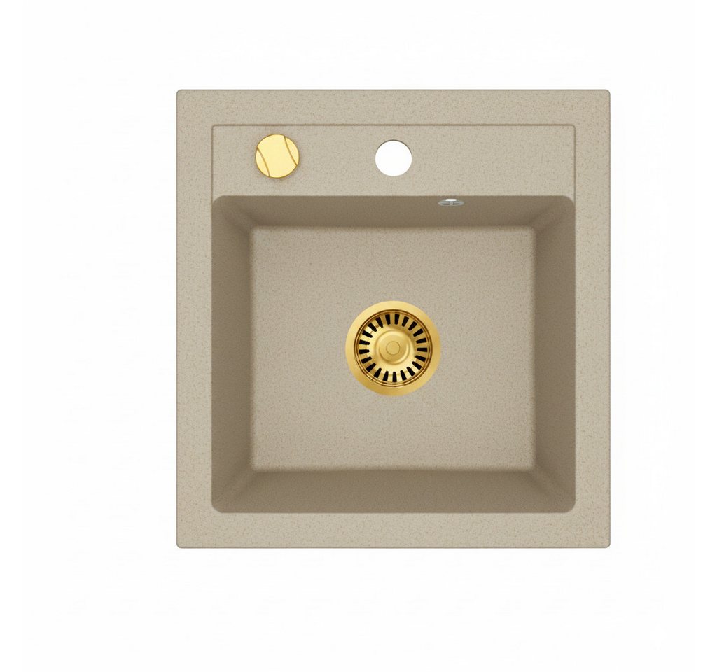 Faizee Möbel Granitspüle Granitspüle 49x52 + Armatur Gold Küchenspüle Spülbecken inkl. Siphon, eckig, 48/50 cm
