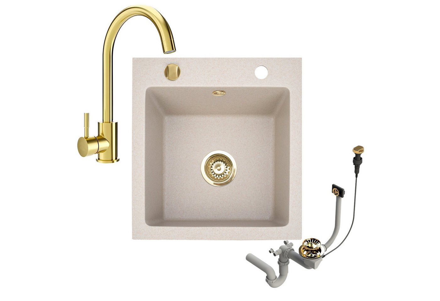 Faizee Möbel Granitspüle Granitspüle 49x52 + Armatur Gold Küchenspüle Spülbecken inkl. Siphon, eckig, 48/50 cm Bild 3