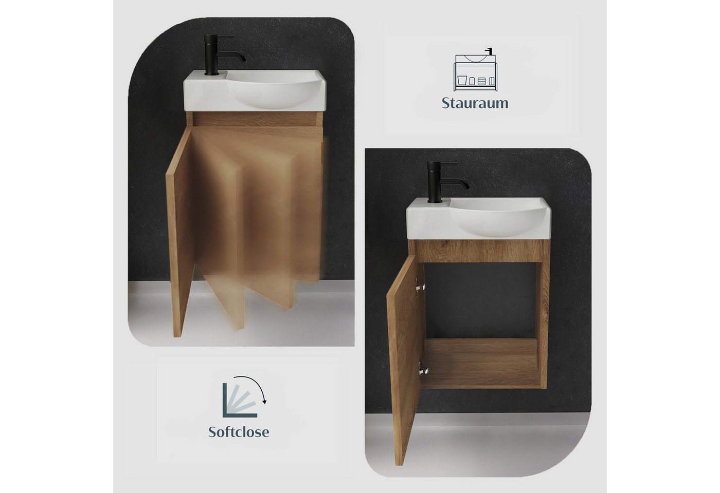 Alpenberger Badmöbel-Set Badschrank in Bamboo Optik mit Keramik Waschbecken, (2-tlg., Badmöbel Set Vormontiert), Eckig ovales Becken mit Überlauf, eintüriger Badschrank mit Softclose Bild 2