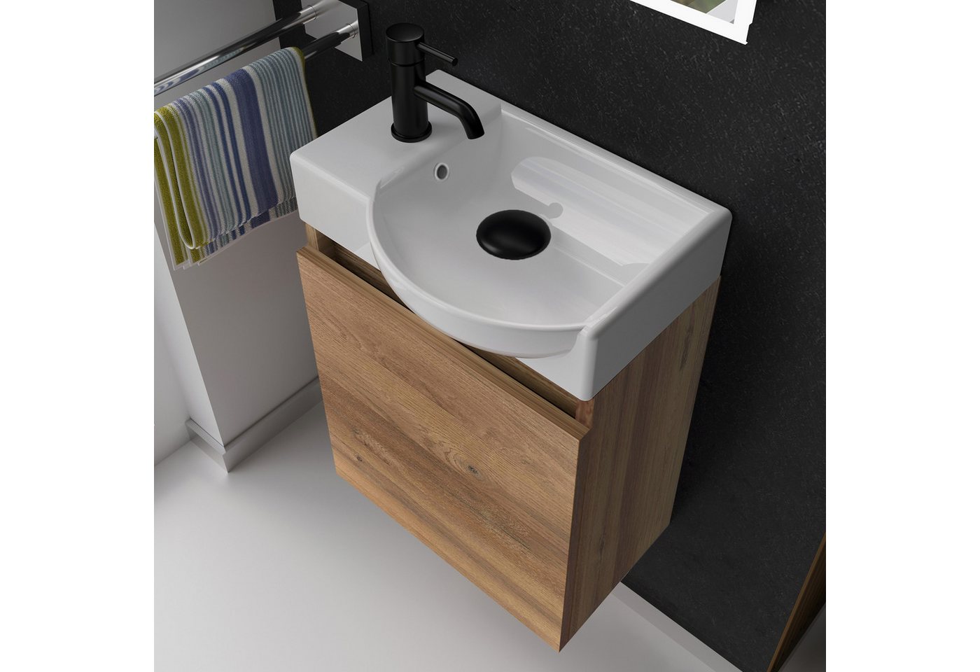 Alpenberger Badmöbel-Set Badschrank in Bamboo Optik mit Keramik Waschbecken, (2-tlg., Badmöbel Set Vormontiert), Eckig ovales Becken mit Überlauf, eintüriger Badschrank mit Softclose Bild 3